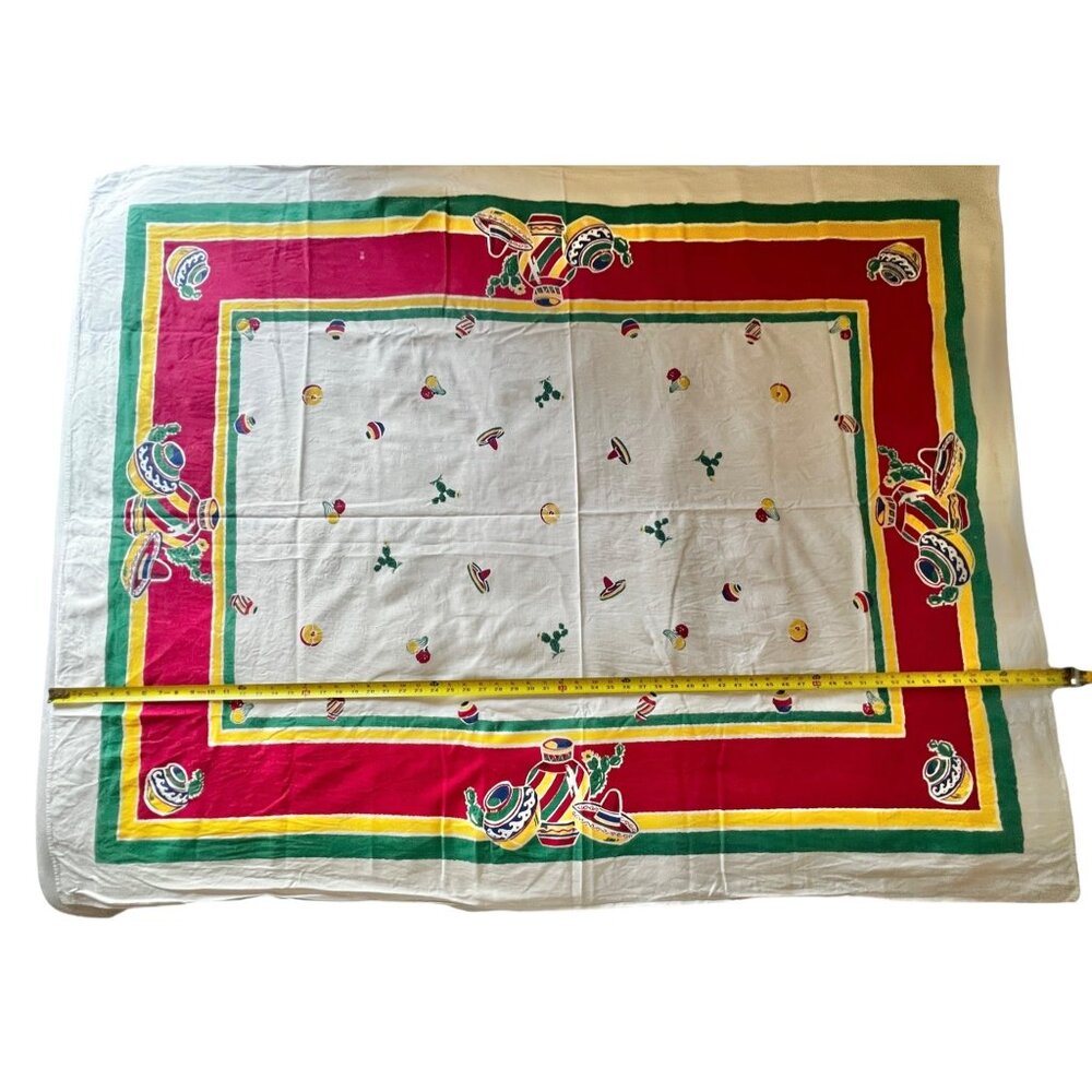 Southwestern Tablecloth 63” x 49” VTG With Red Green Yellow & Blue Stripes